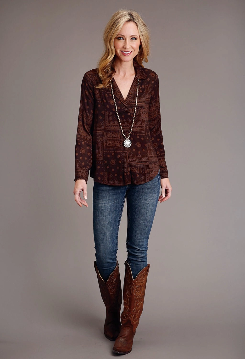 Stetson Womens Patchwork Bandana Brown 100% Rayon L/S Blouse Friends Meetup