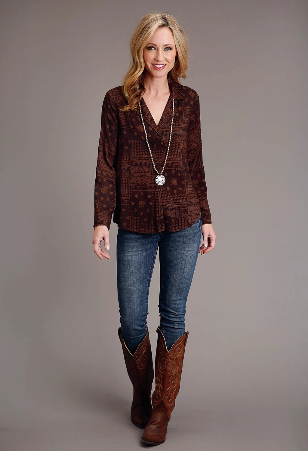 Stetson Womens Patchwork Bandana Brown 100% Rayon L/S Blouse bohemian flair