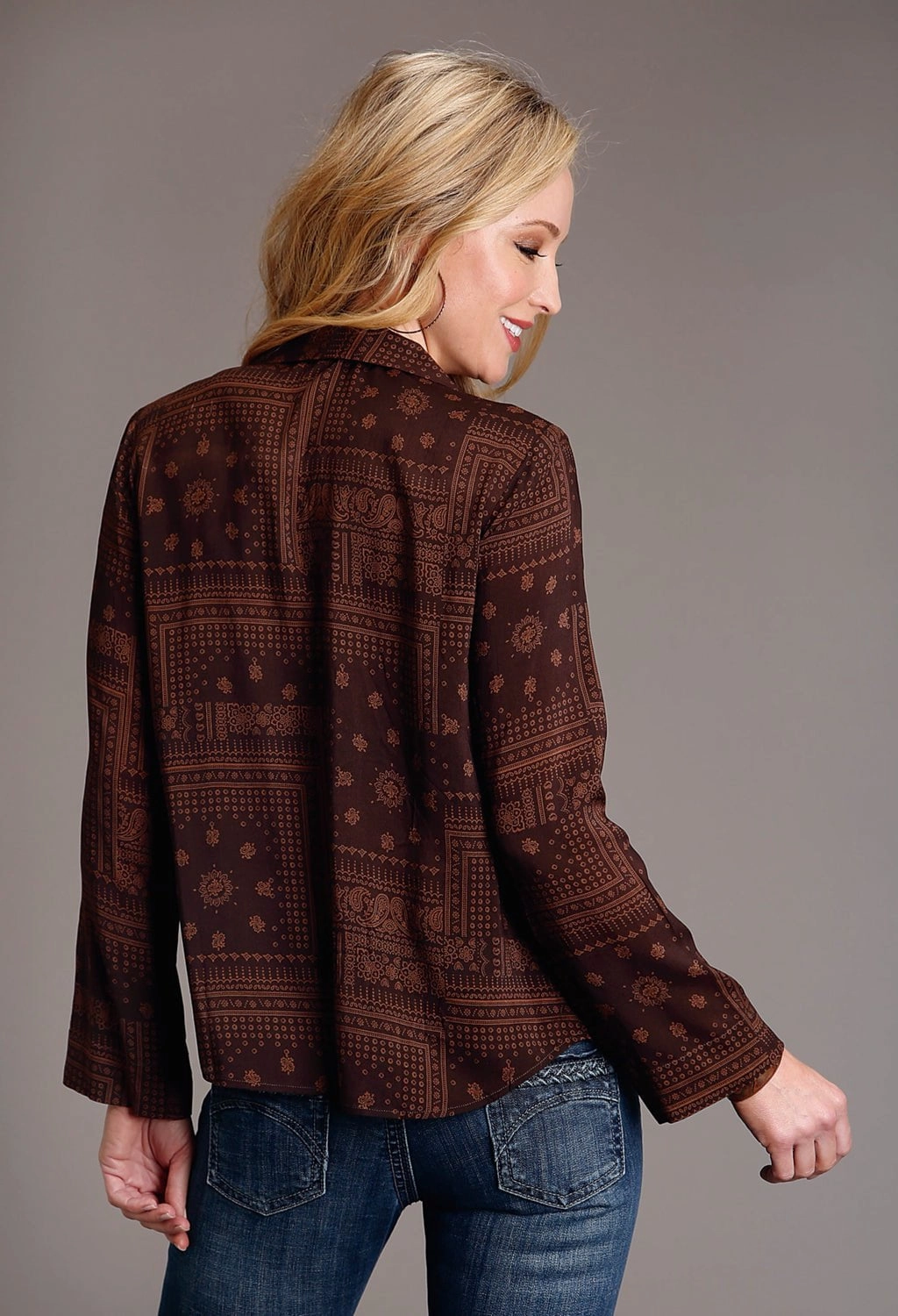 Stetson Womens Patchwork Bandana Brown 100% Rayon L/S Blouse Spring Break