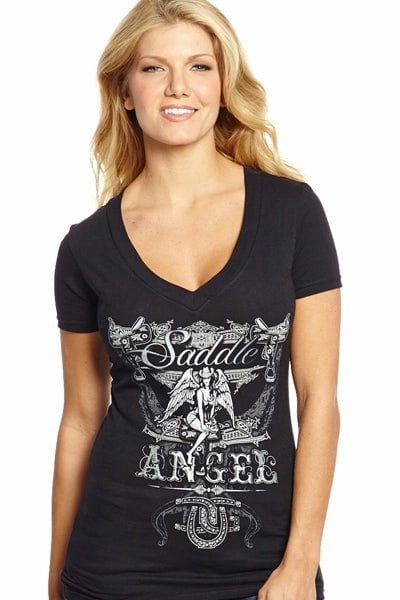 Anti Static Fabric Winter Layering Cowgirl Up Womens Black Cotton S/S T-Shirt Saddle Angel V-Neck