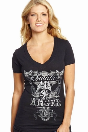 Durable Material Cowgirl Up Womens Black Cotton S/S T-Shirt Saddle Angel V-Neck