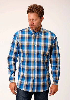 Roper Mens Clear Sky Plaid Blue 100% Cotton L/S Shirt No Slip Shoulder Grips