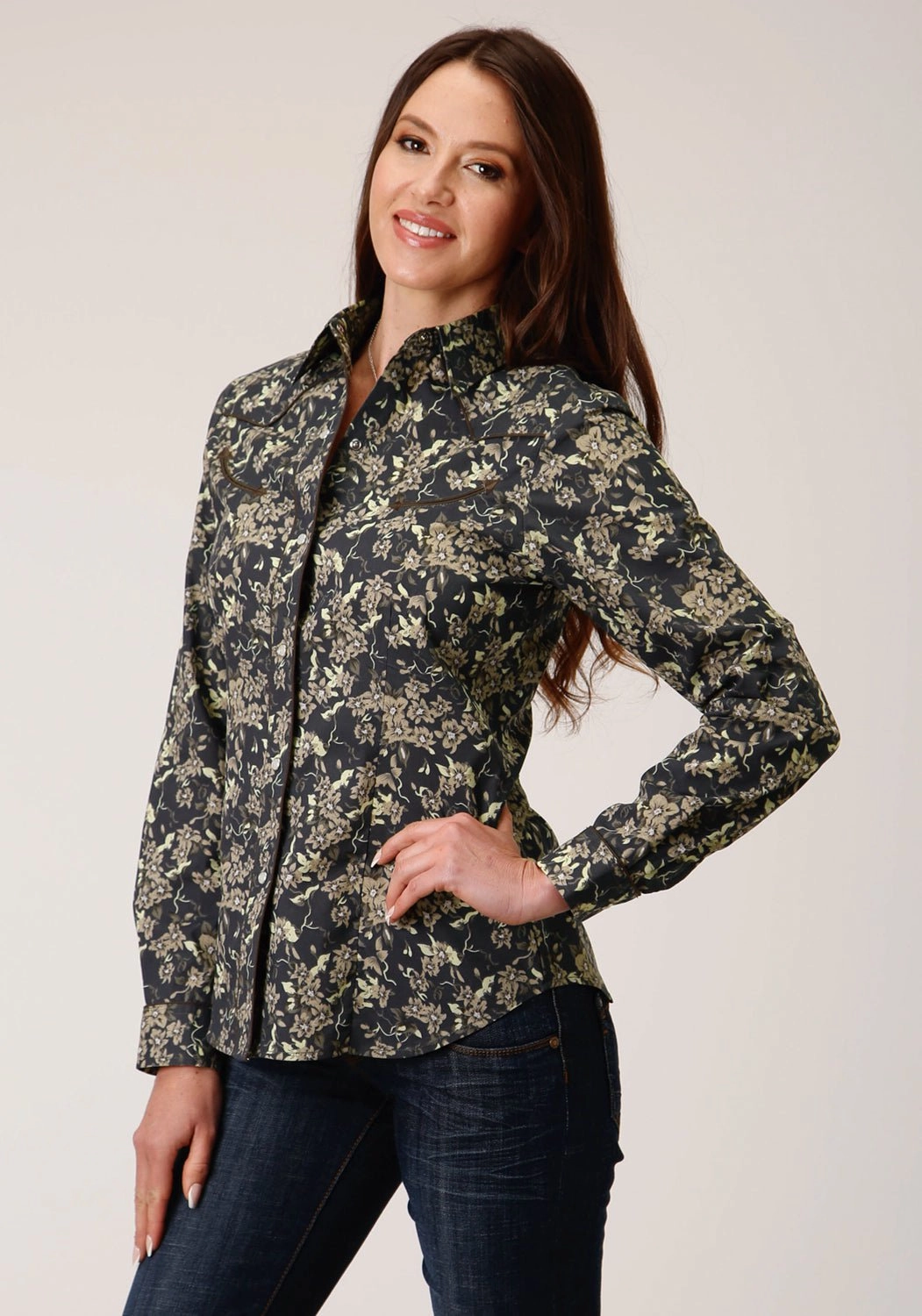 Non Static Finish Roper Womens Vintage Dark Floral Black Cotton Blend L/S Shirt
