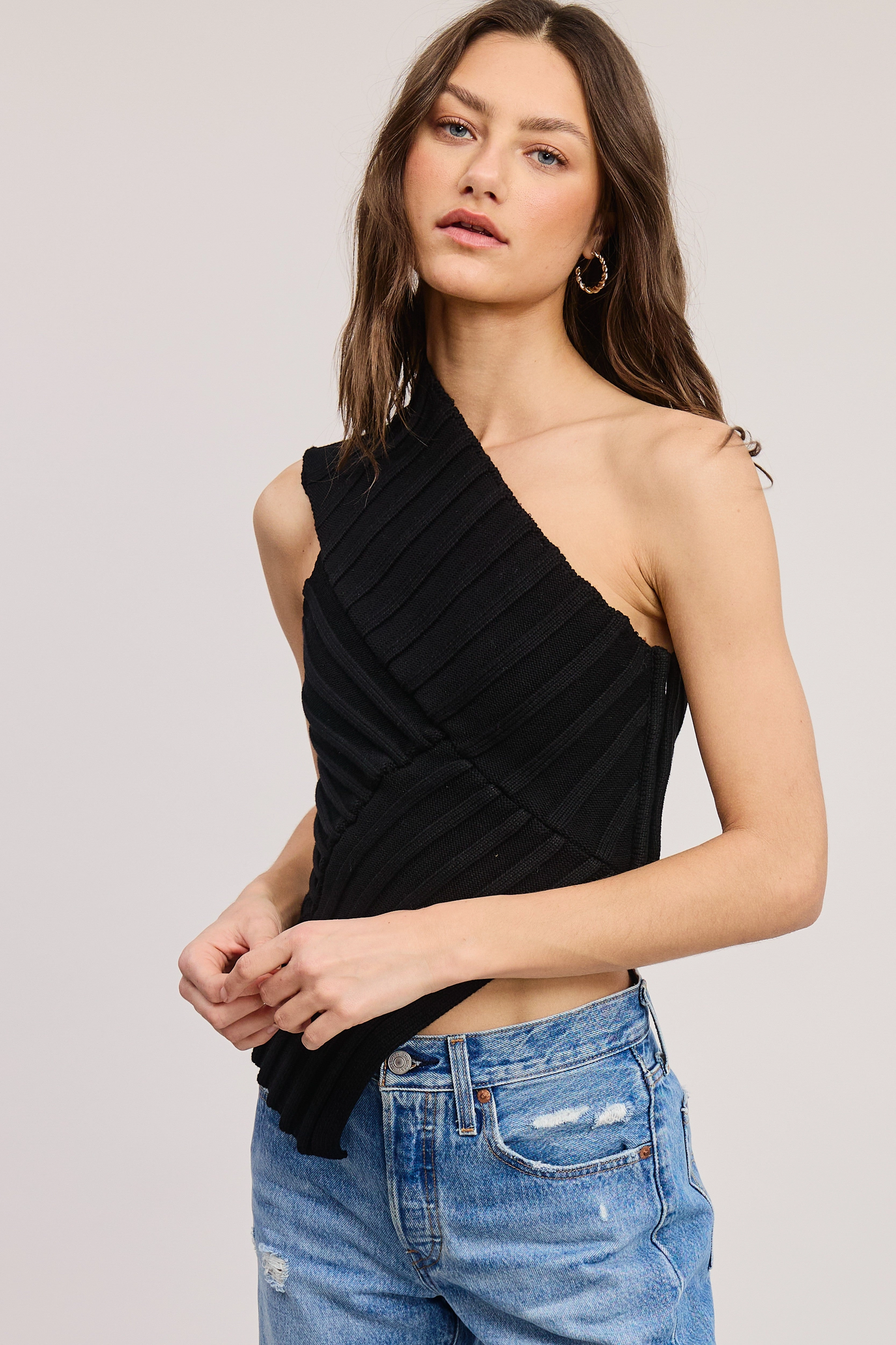 One-Shoulder Ribbed Knit Top - Black Weekend Style