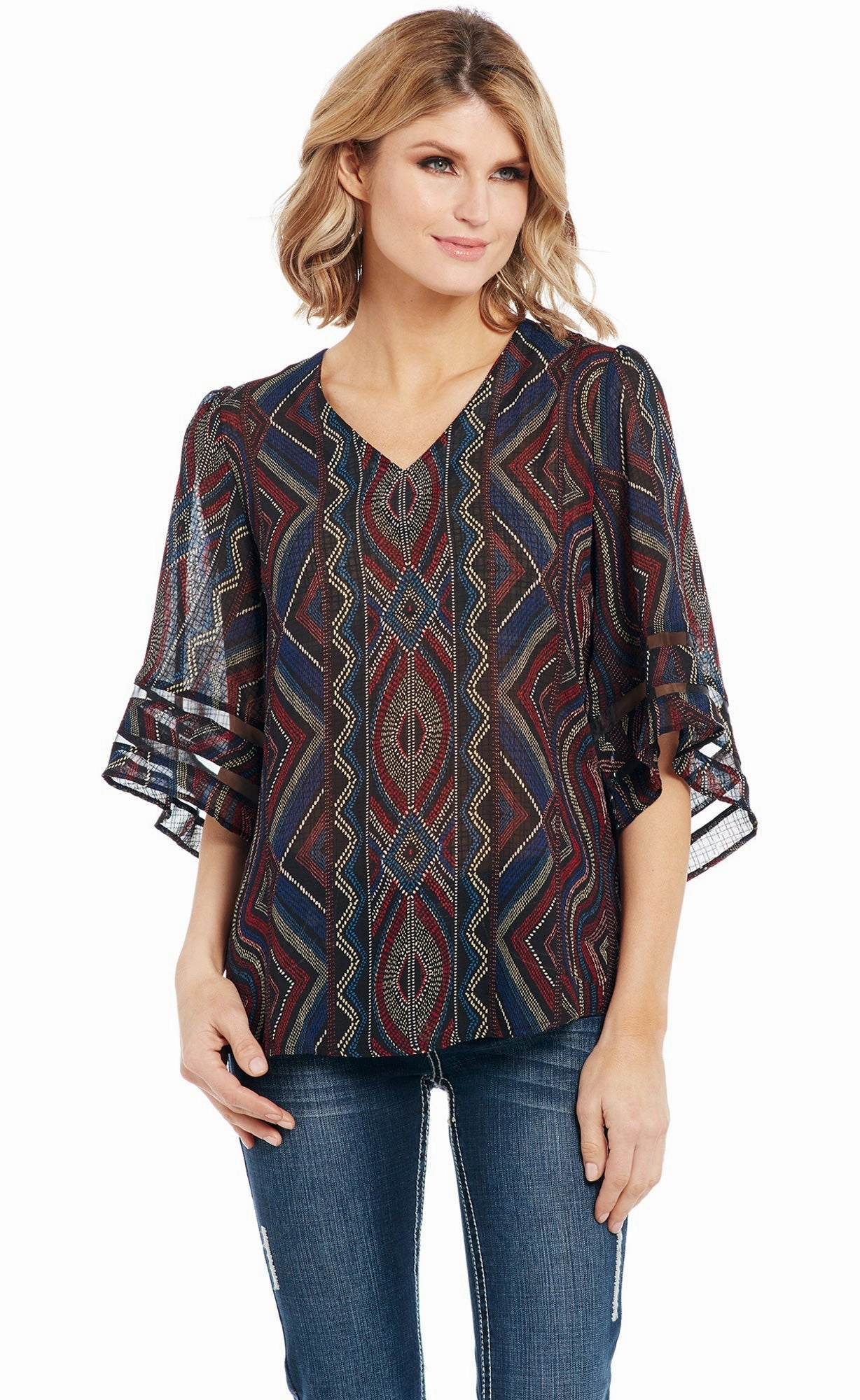 Holiday Special Resort Wear Cowgirl Up Womens Multi-Color Polyester Geometric V-Neck Tunic S/S