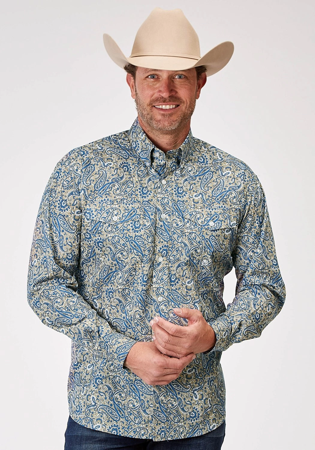 Roper Mens 1933 Delft Paisley Blue 100% Cotton Btn L/S Shirt Urban Trend
