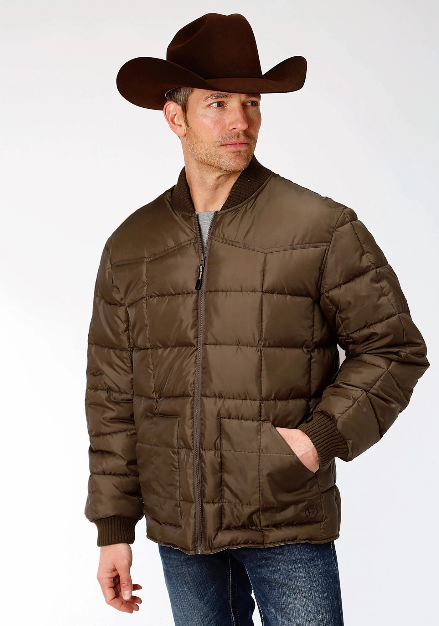 Zippered Vents Microfiber texture Roper Mens Chocolate Polyester Quilted Insulated Jacket