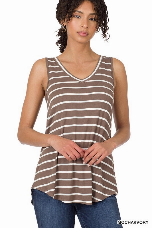 FoldableFeature Stefani Stripe Sleeveless V-neck Top S-3XL