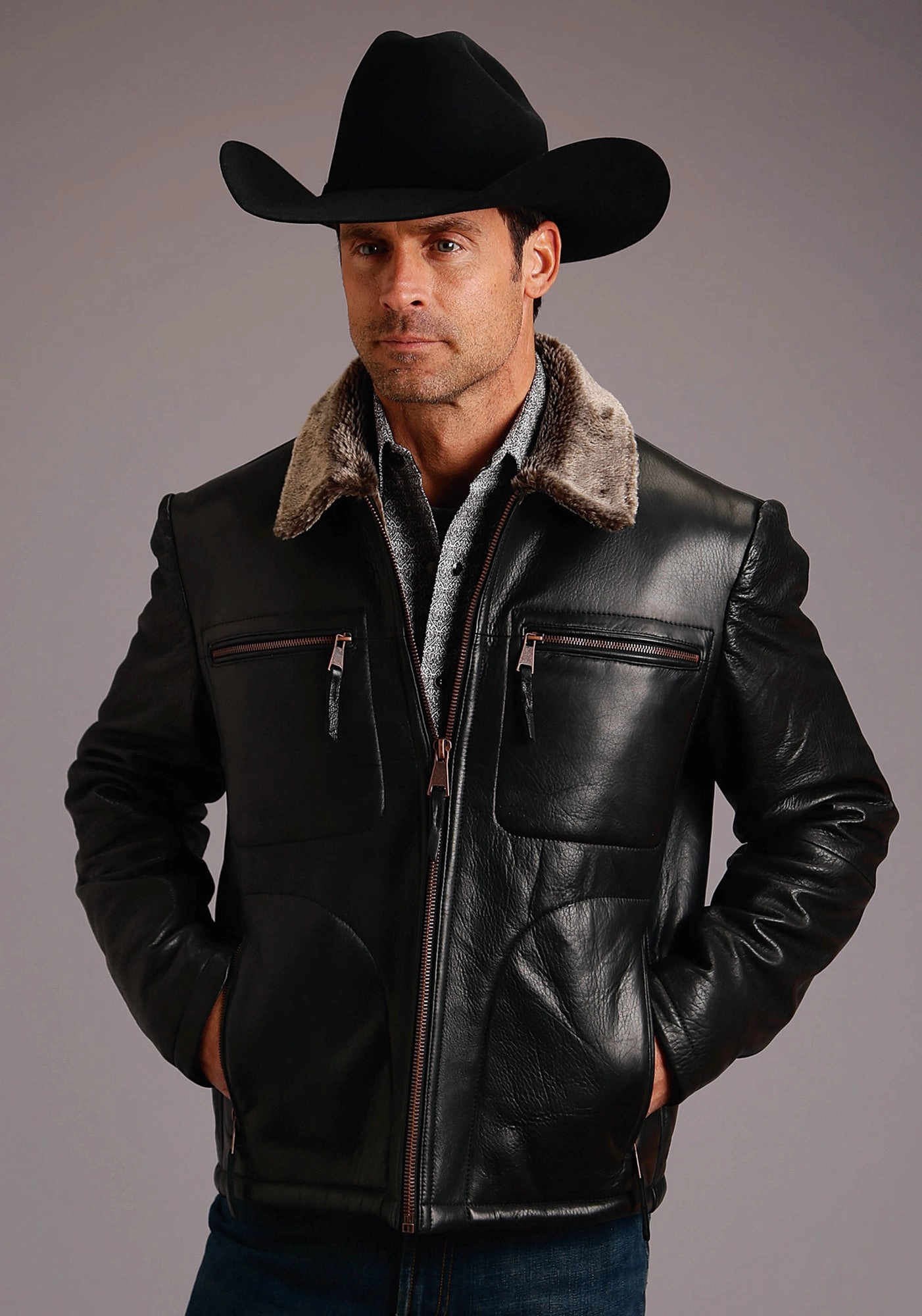 Stetson Faux Fur Mens Black Leather Smooth Jacket mesh ventilation Work Tough