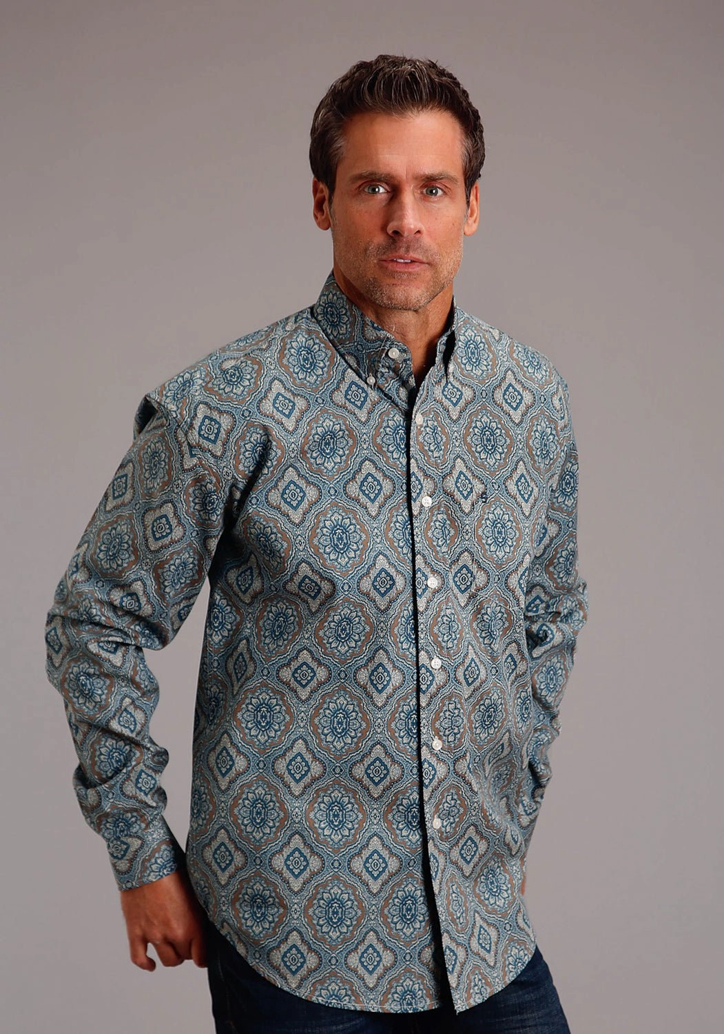 Stetson Mens 1652 Sierra Paisley Blue 100% Cotton 1 Pkt L/S Shirt Urban Edge Quick Dry Technology