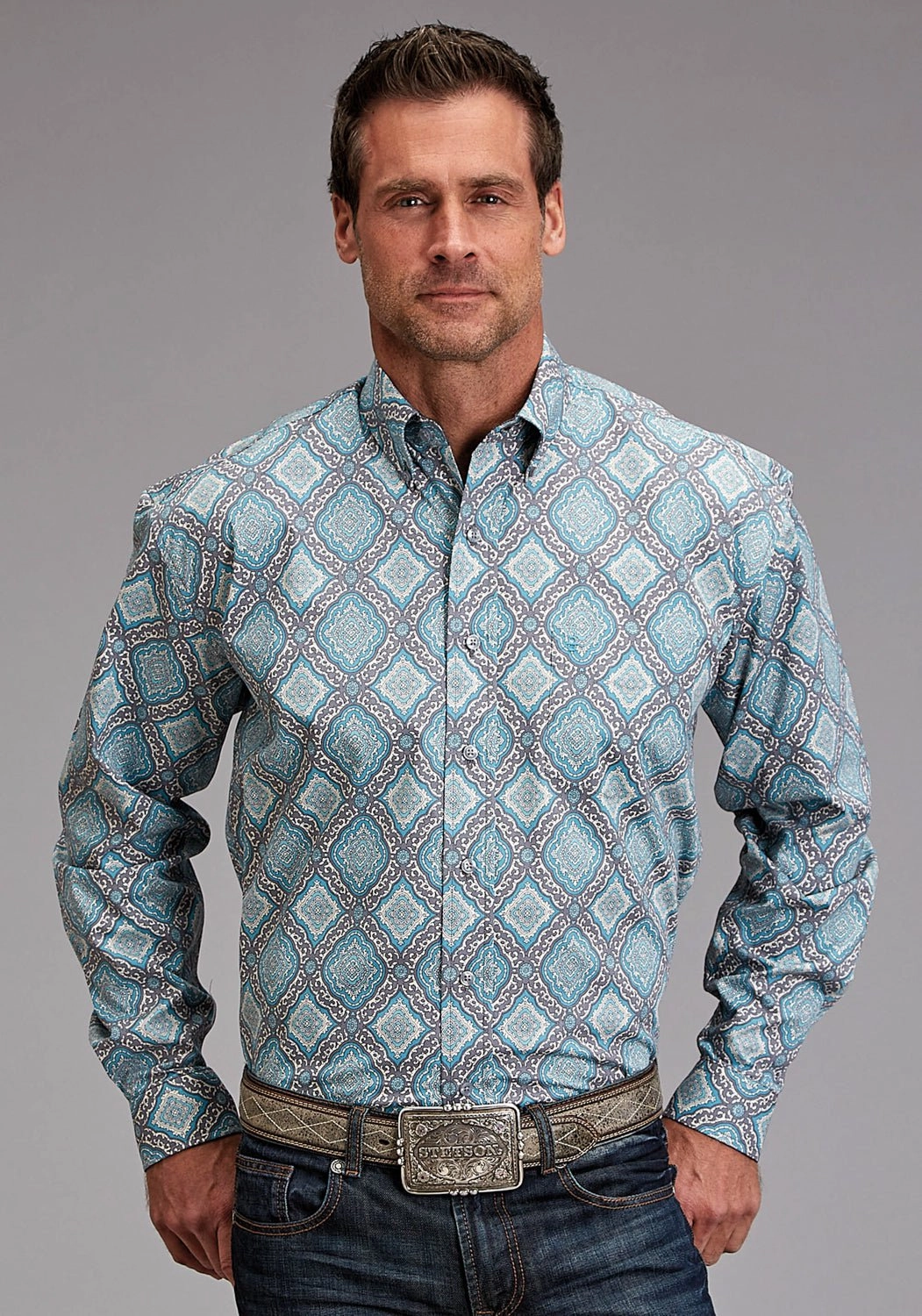 Stetson Mens 1918 Medallion Turquoise 100% Cotton 1 Pkt L/S Shirt Beach Ready Comfort First Fit