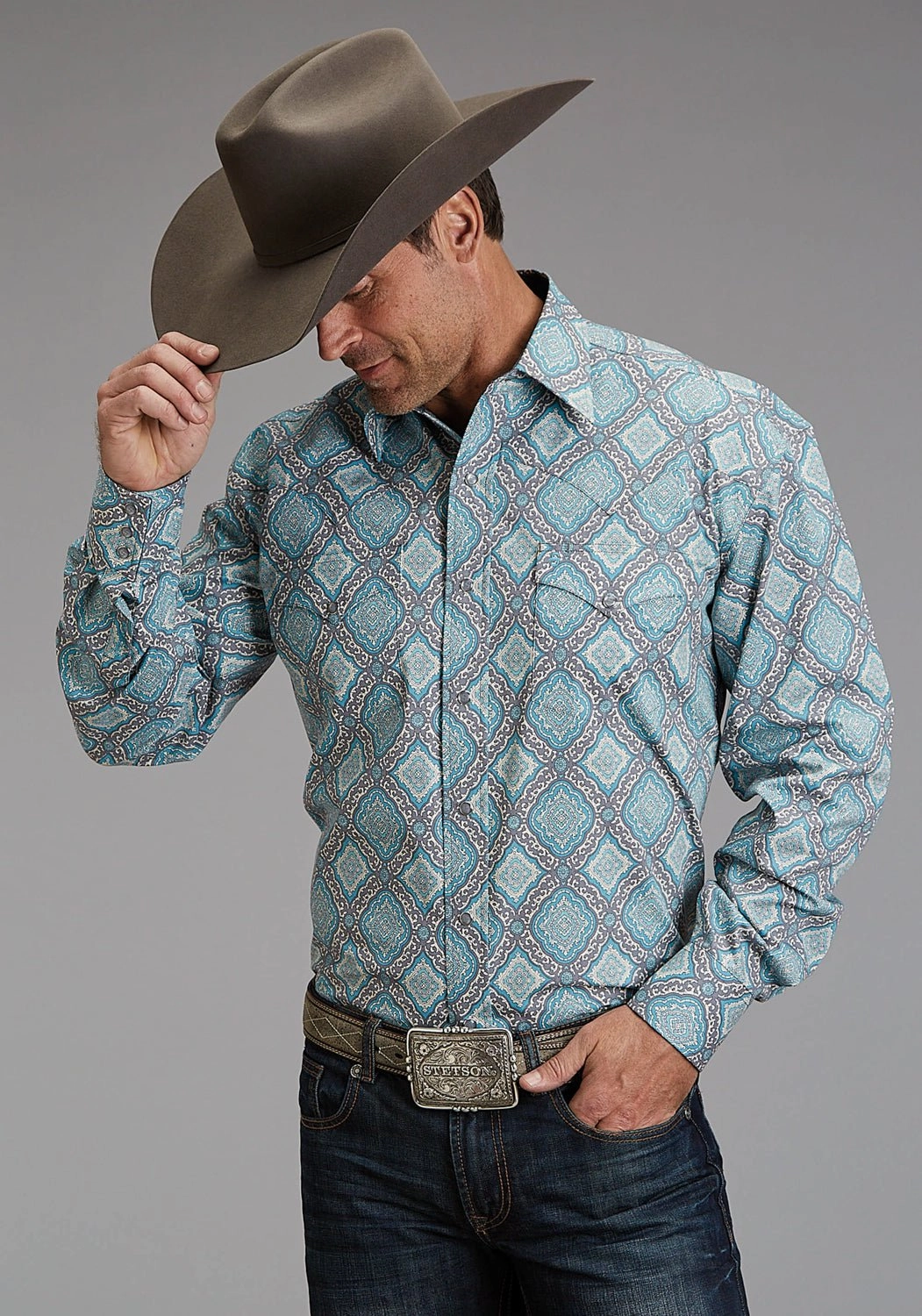 Resort Wear Easy Care Stetson Mens 1918 Medallion Turquoise 100% Cotton L/S Shirt