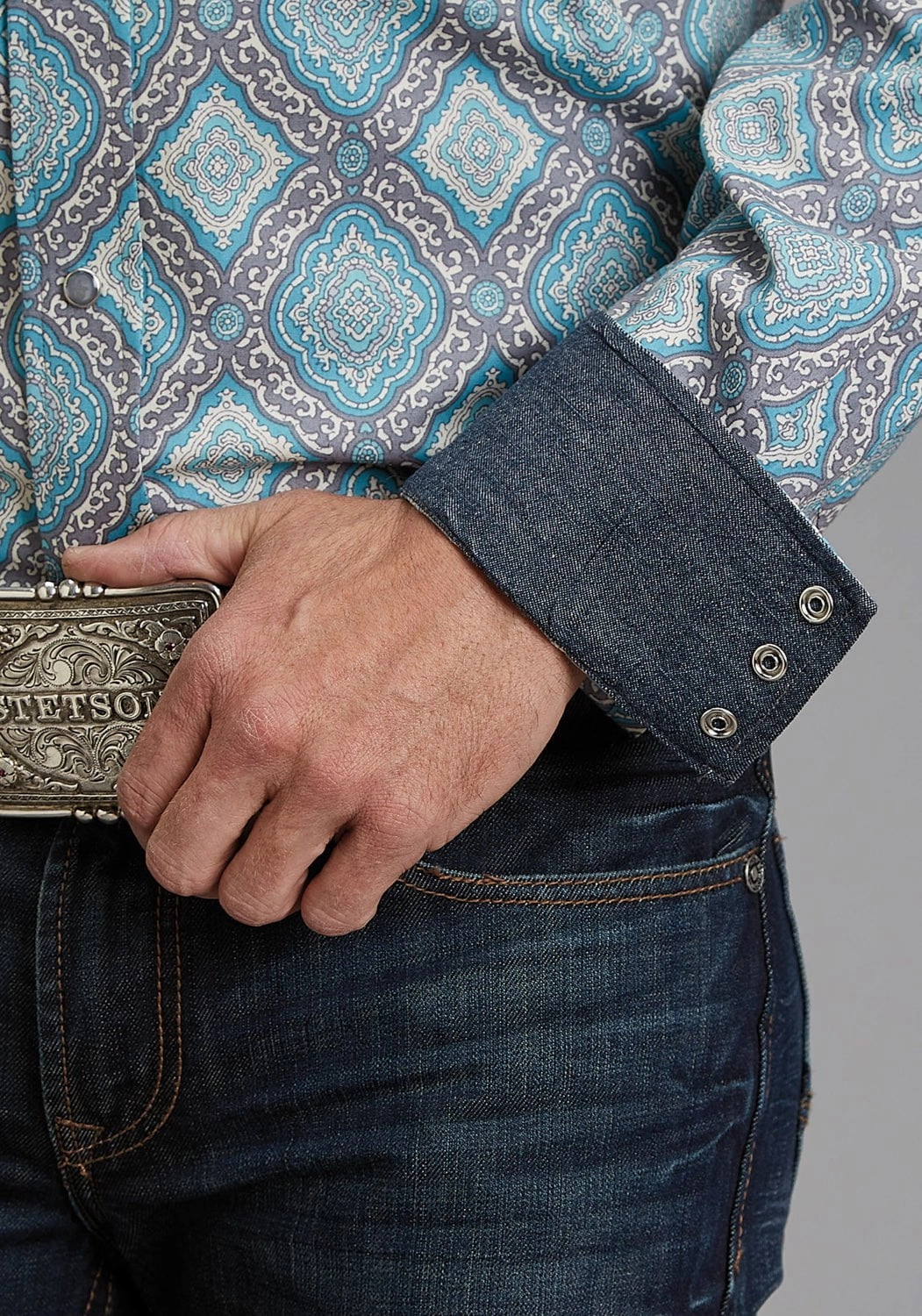 Stetson Mens 1918 Medallion Turquoise 100% Cotton L/S Shirt Structured Collar Comfort-First