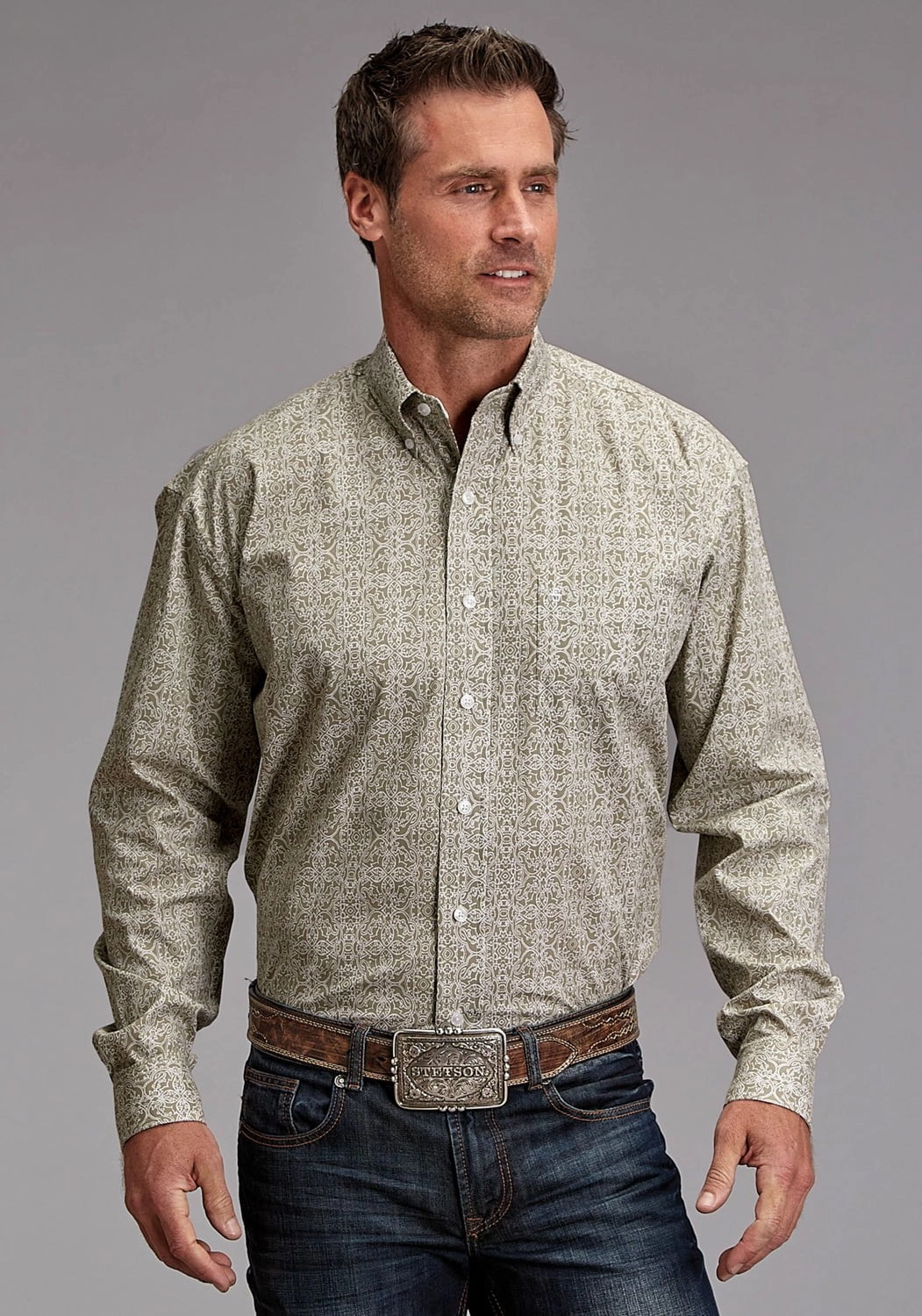 tall size Creative Professional Stetson Mens 1922 Sand Medallion Brown 100% Cotton 1 Pkt L/S Shirt