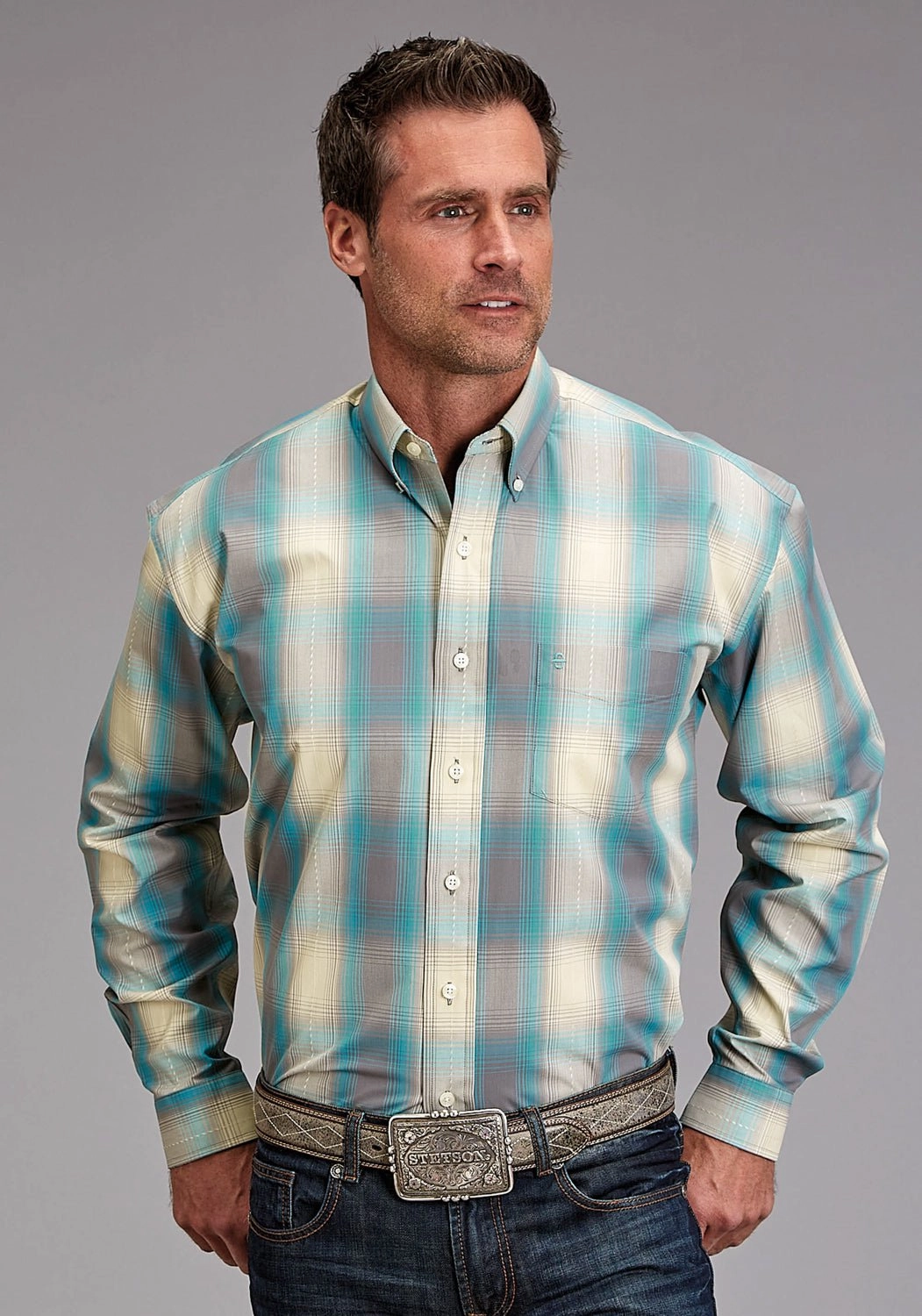 Stetson Mens 1927 Smoke Plaid Turquoise 100% Cotton 1 Pkt L/S Shirt Double Needle Hemming Festive Look
