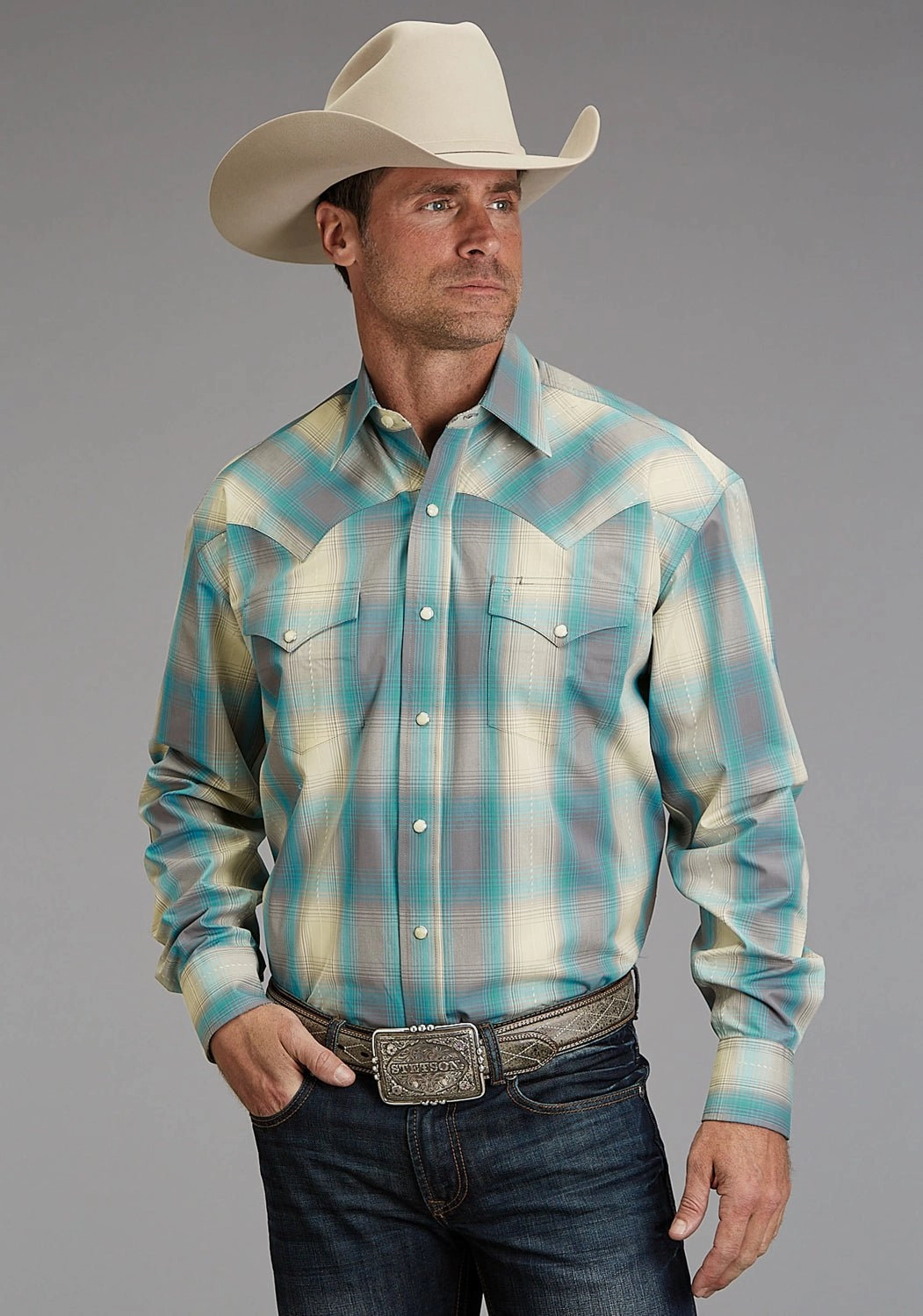 Stetson Mens 1927 Smoke Plaid Turquoise 100% Cotton L/S Shirt Eco Dye Technique Breathable Cotton