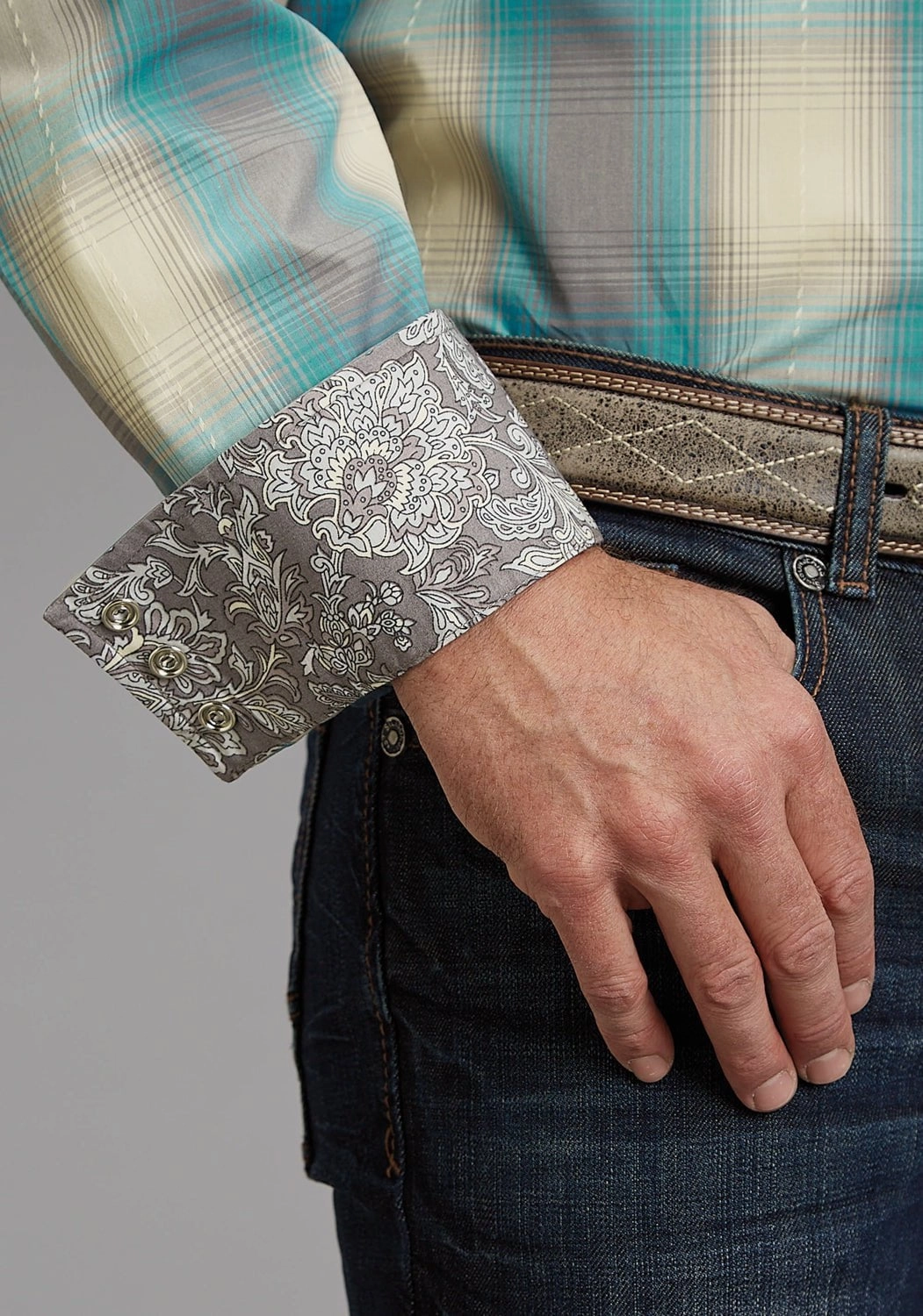 Mountain Escape Stetson Mens 1927 Smoke Plaid Turquoise 100% Cotton L/S Shirt