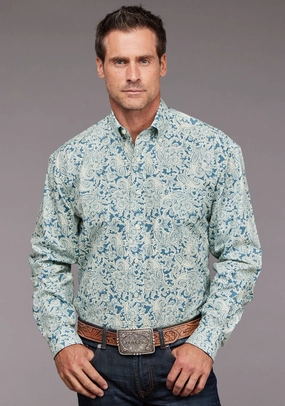Layered Look Stetson Mens 2034 Tonal Paisley Blue 100% Cotton 1 Pkt L/S Shirt