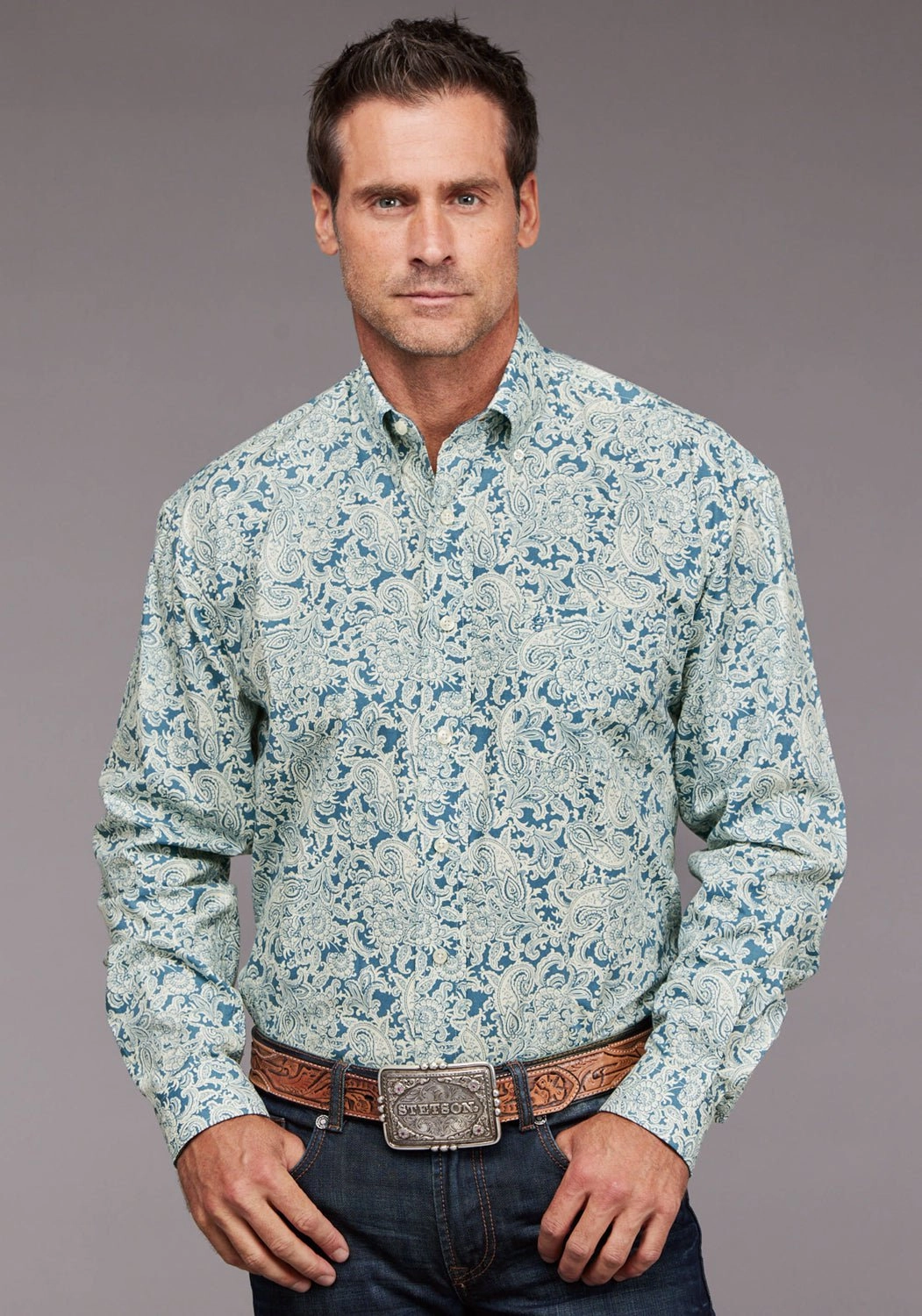 Layered Look Stetson Mens 2034 Tonal Paisley Blue 100% Cotton 1 Pkt L/S Shirt