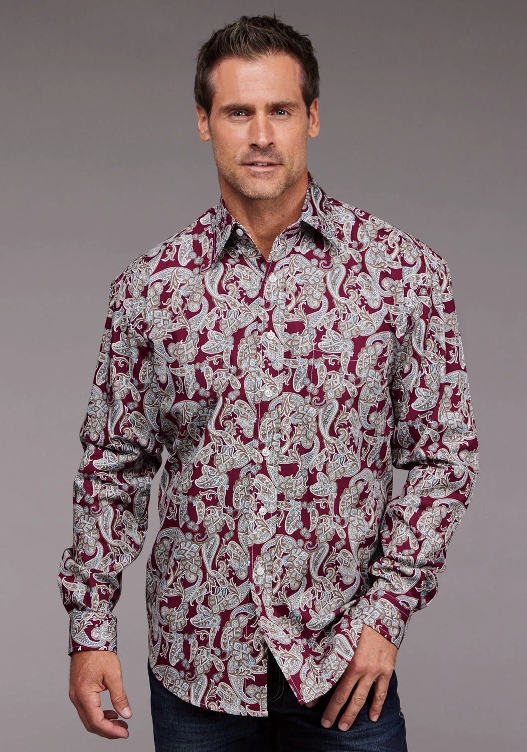 Organic Cotton Urban Edge Stetson Mens 2035 Country Paisley Wine 100% Cotton 1 Pkt L/S Shirt