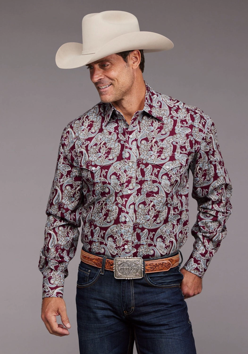 Stetson Mens 2035 Country Paisley Wine 100% Cotton L/S Shirt Geometric Design