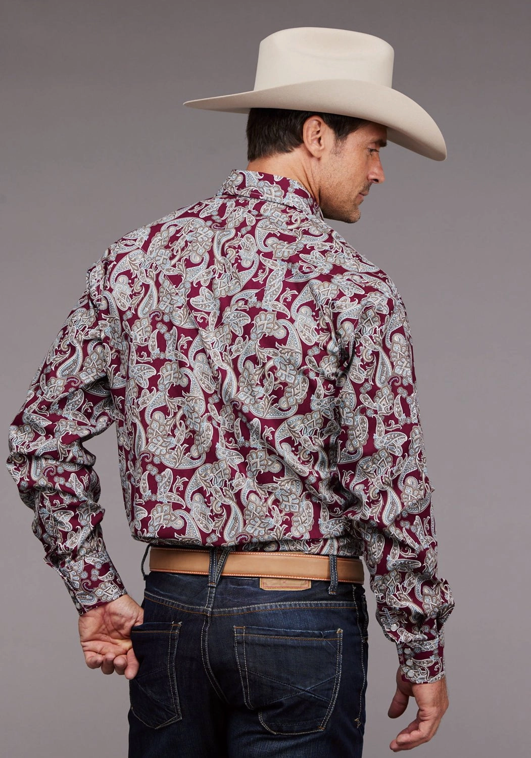 Plus size option Stetson Mens 2035 Country Paisley Wine 100% Cotton L/S Shirt