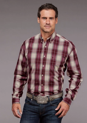 Black Tie Optional Teen Fashion Stetson Mens 2038 Ombre Plaid Chianti 100% Cotton 1 Pkt L/S Shirt