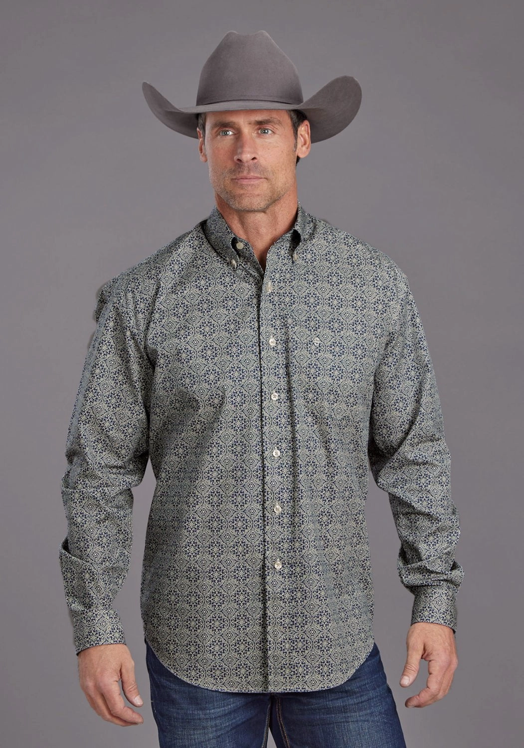 Ventilated Back Panel Stetson Mens 2138 Medallion Print Blue 100% Cotton 1 Pkt L/S Shirt