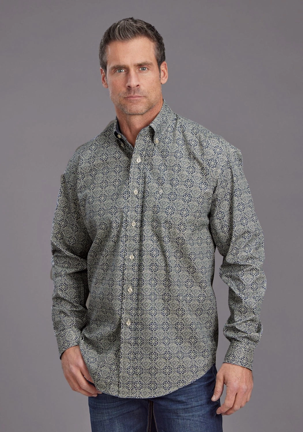 Stetson Mens 2138 Medallion Print Blue 100% Cotton 1 Pkt L/S Shirt Mountain Retreat