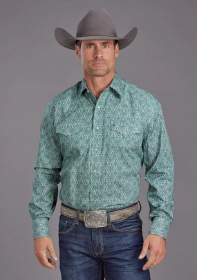 High-Quality Fabric Soft Touch Stetson Mens 2141 Wallpaper Medallion Green 100% Cotton L/S Shirt