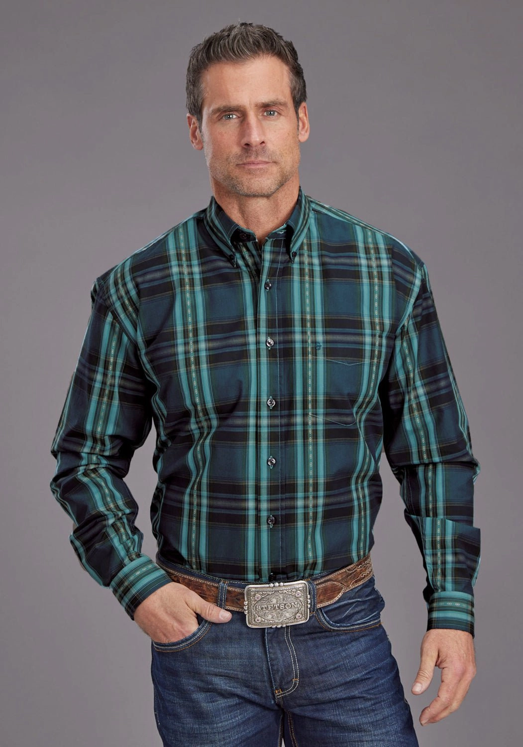 Stetson Mens 2147 Lake Dobby Blue/Green 100% Cotton Btn L/S Shirt Formal Elegance