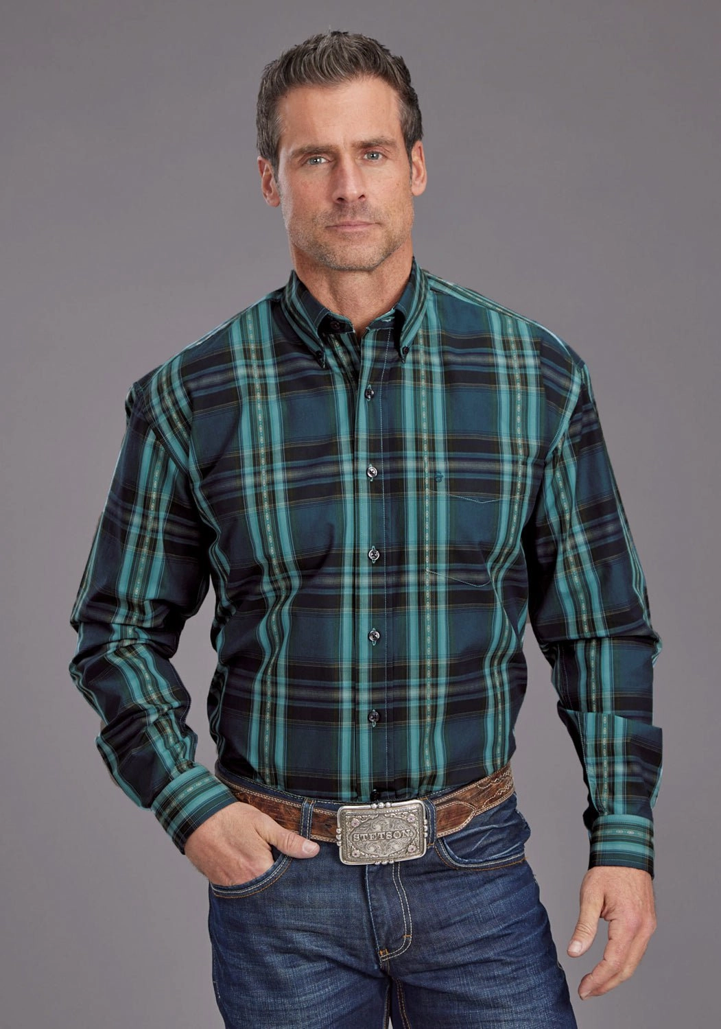 Interview Ready Stetson Mens 2147 Lake Dobby Blue/Green 100% Cotton Btn L/S Shirt