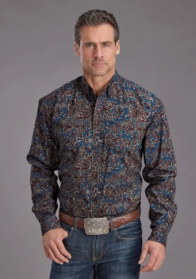 Athleisure Wear Stetson Mens 2230 Vintage Paisley Blue 100% Cotton 1 Pkt L/S Shirt