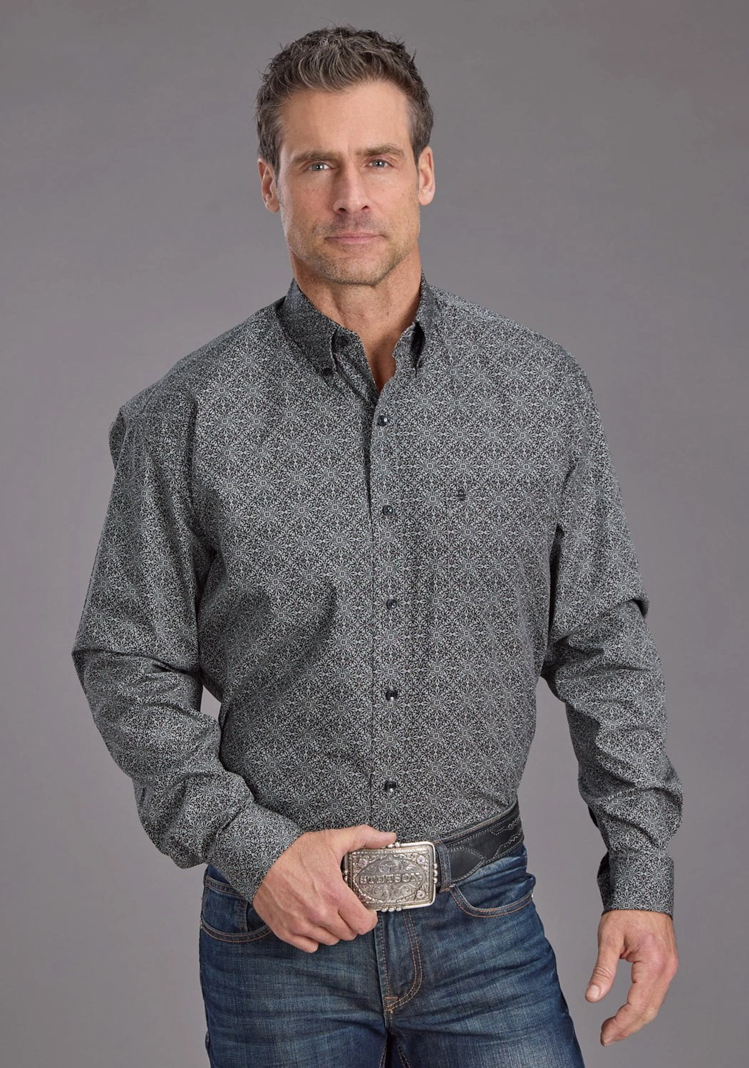 Stretch Fabric Stetson Mens 2237 Iron Filigree Grey 100% Cotton 1 Pkt L/S Shirt
