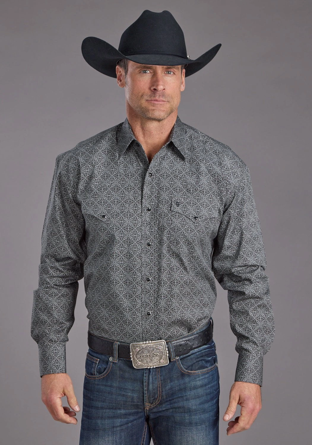 Stetson Mens 2237 Iron Filigree Grey 100% Cotton L/S Shirt Embroidered Logo