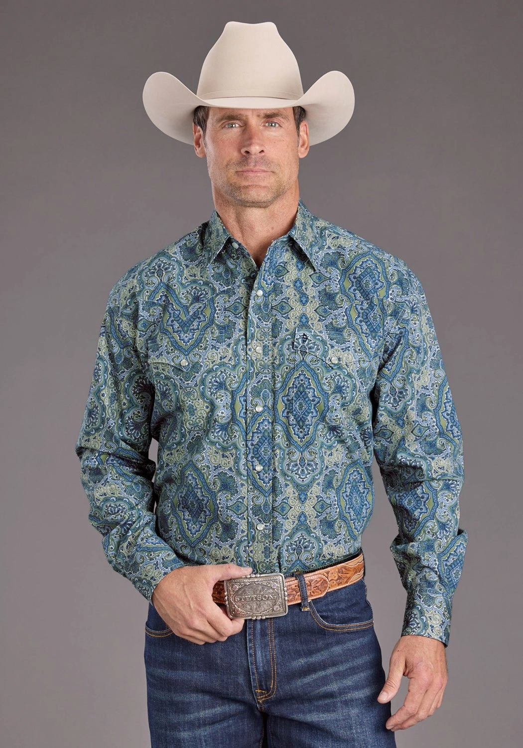 Ventilated Back Stetson Mens 2389 Marble Paisley Blue 100% Cotton L/S Shirt