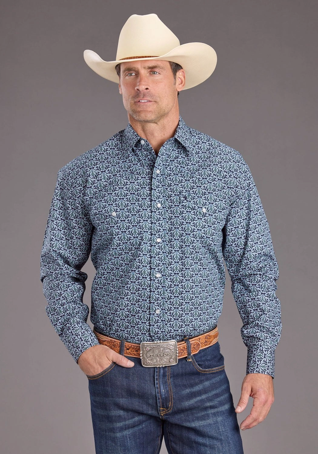 Animal Print Stetson Mens 2390 Navy Medallion Blue 100% Cotton L/S Shirt