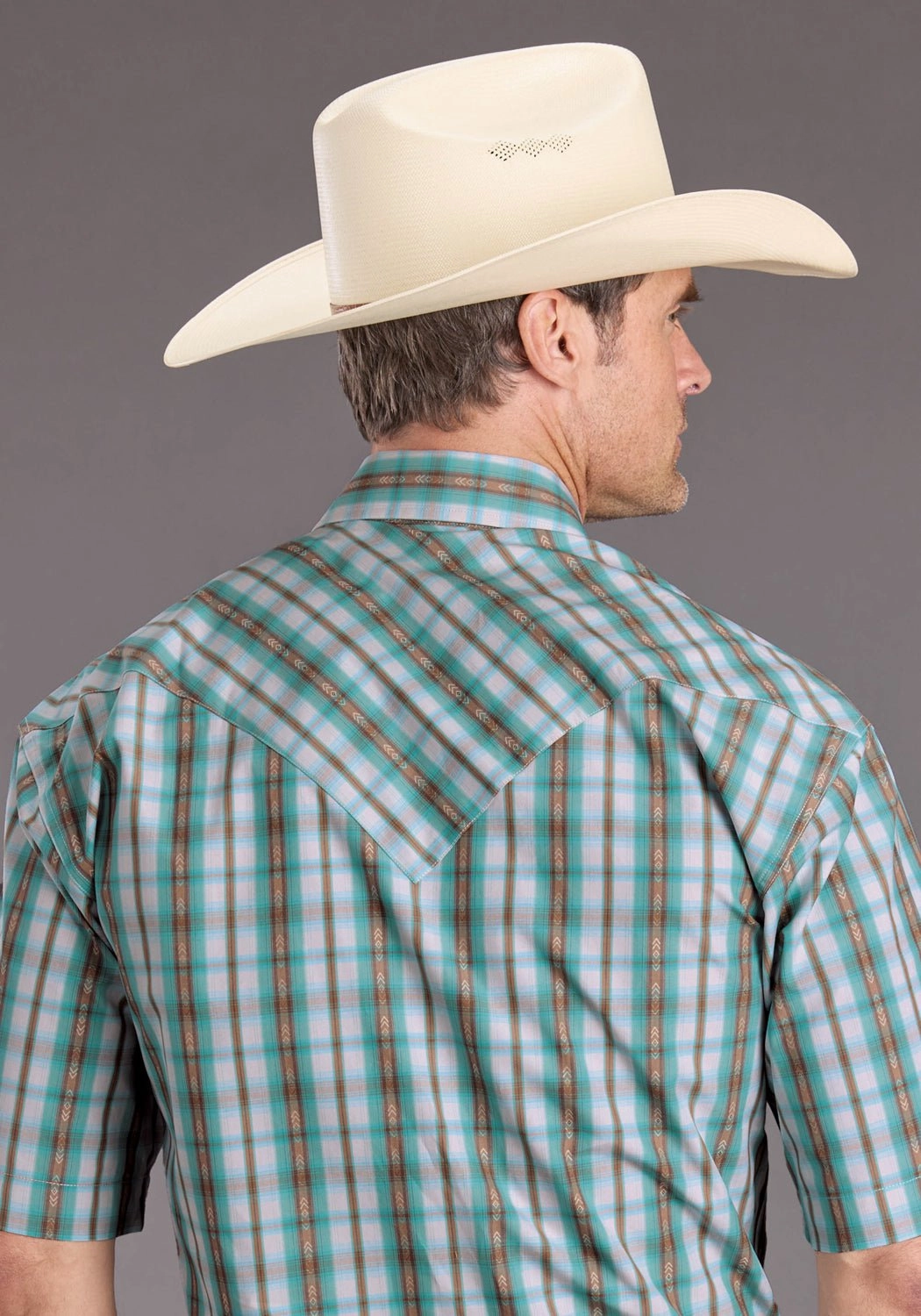 Stetson Mens 2397 Vintage Plaid Turquoise 100% Cotton S/S Shirt Stylish Appearance