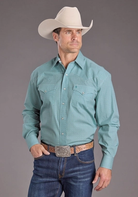 Stetson Mens 2400 Mosaic Geo Blue 100% Cotton L/S Shirt Pure Cotton Lightweight Construction
