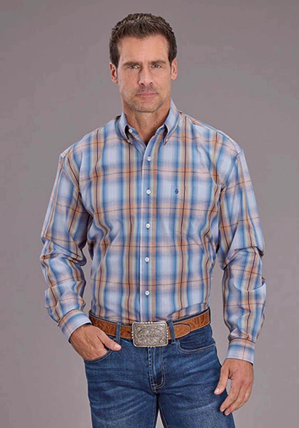 Versatile Outfit Flexible Mobility Stetson Mens 2511 Sunrise Dobby Blue 100% Cotton 1 Pkt L/S Shirt