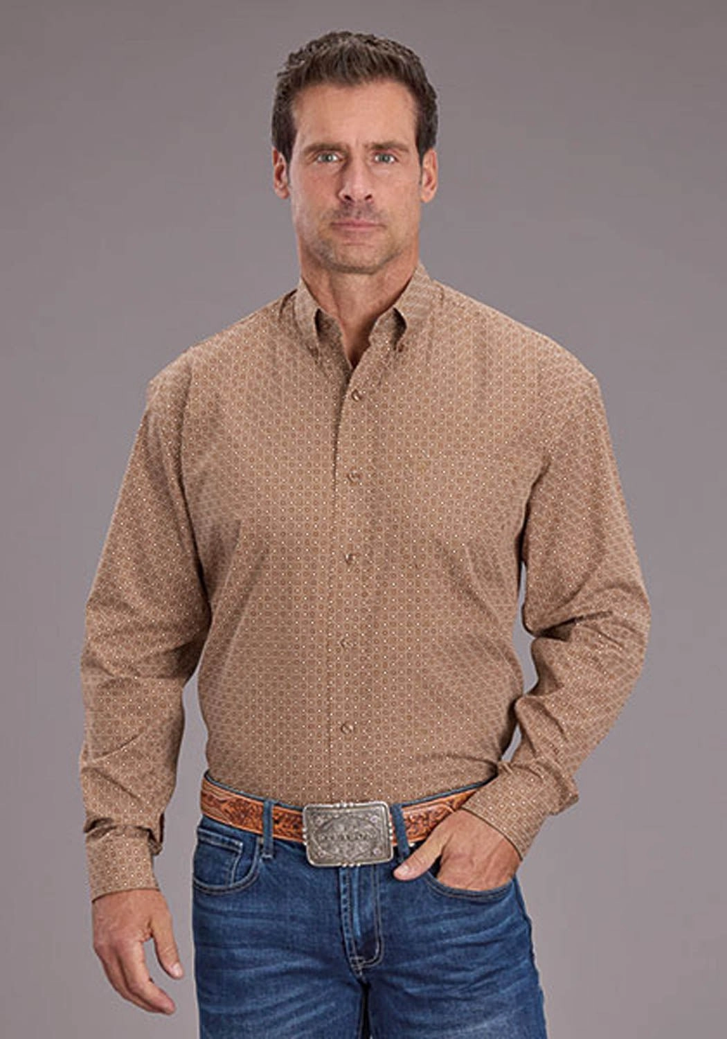Smooth Stitch Pattern Workwear Approved Stetson Mens 2516 Spice Mosaic Brown 100% Cotton 1 Pkt L/S Shirt