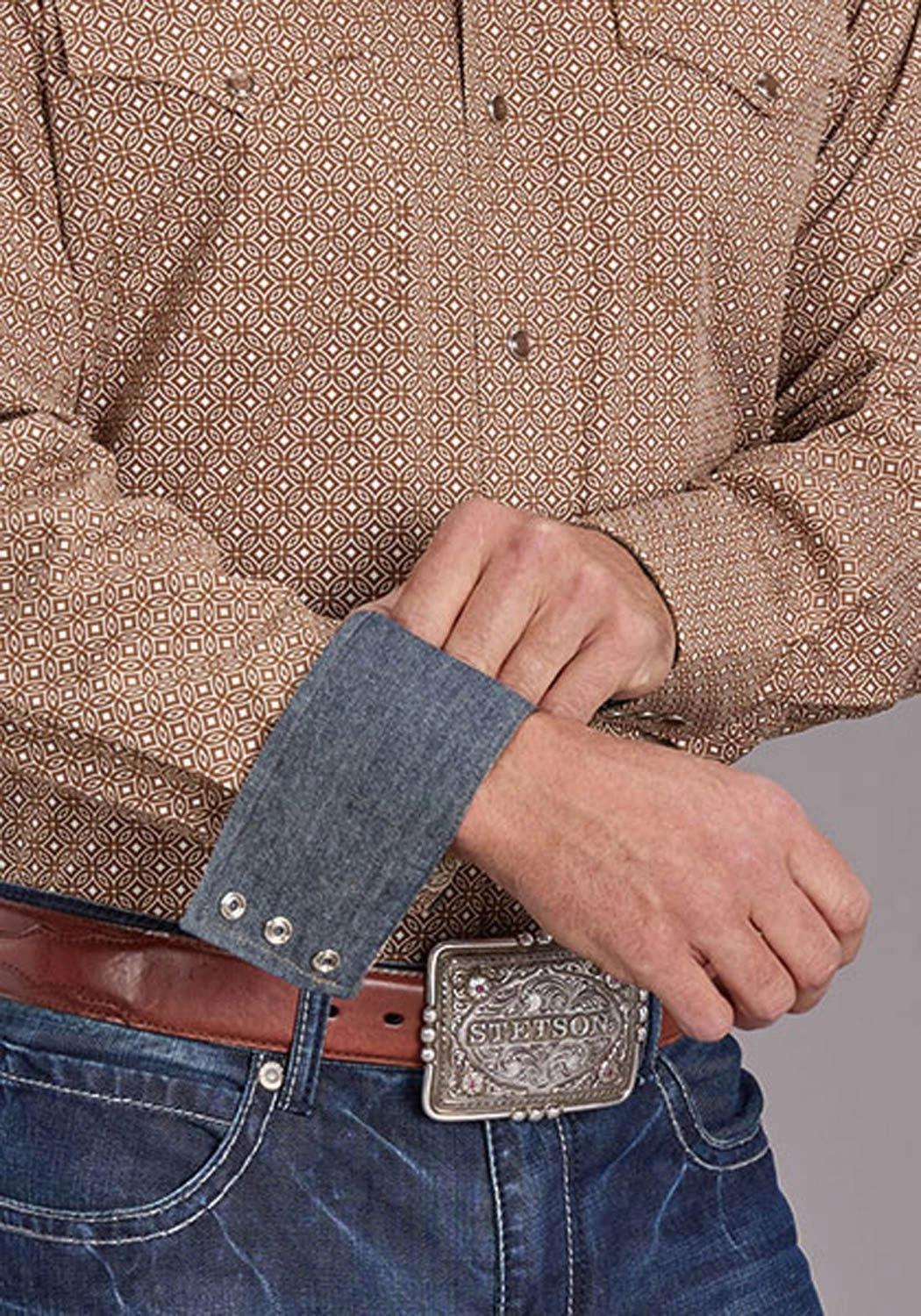 Stetson Mens 2516 Spice Mosaic Brown 100% Cotton L/S Shirt Matte Finish Neutral Tones