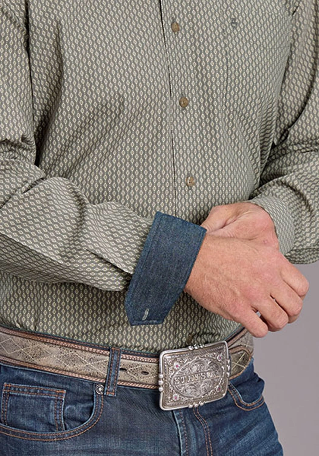 Stetson Mens 2517 Smoke Diamonds Grey 100% Cotton L/S Shirt Reinforced Shoulders