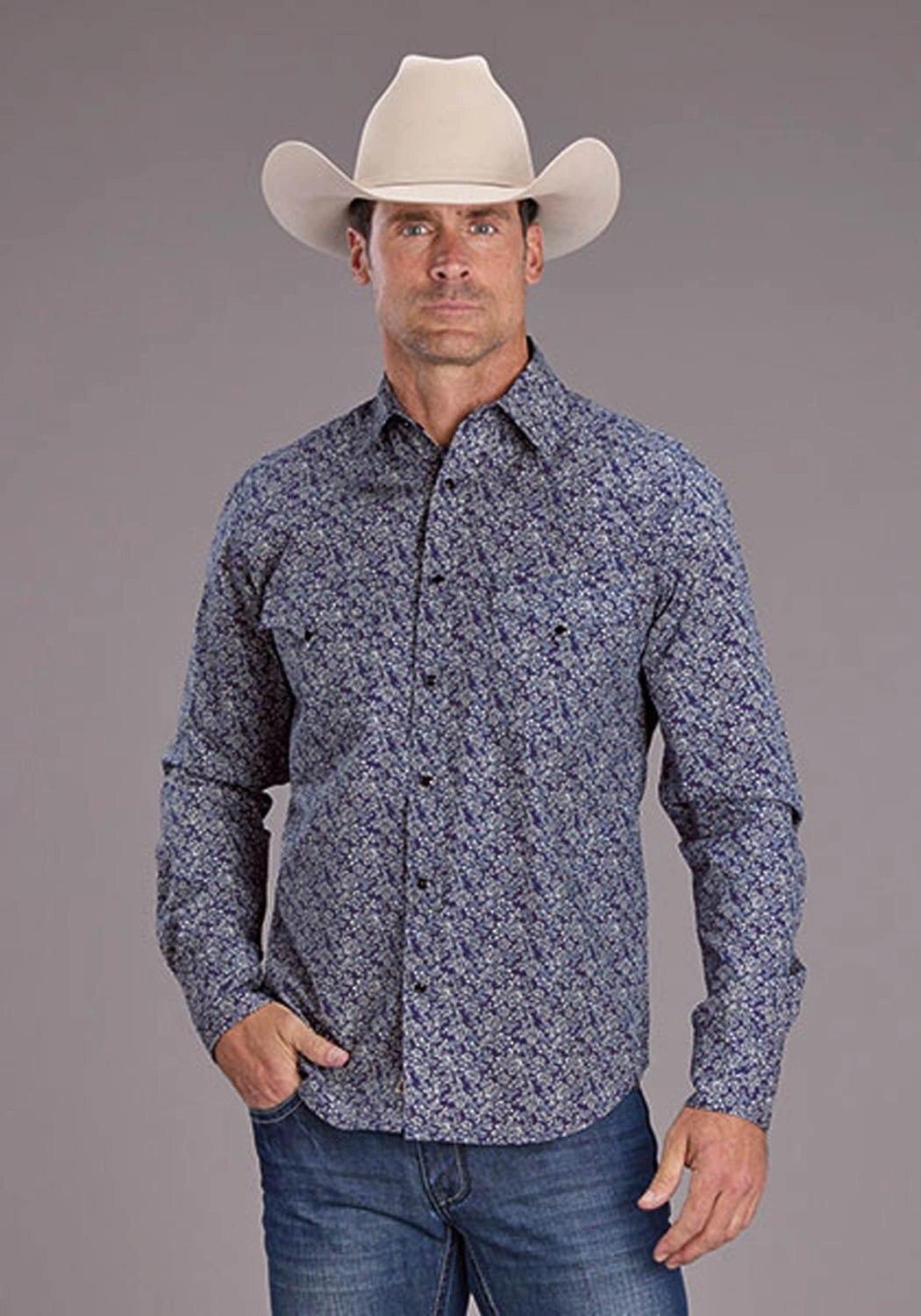 Stetson Mens 2523 Vintage Prairie Blue 100% Cotton L/S Shirt Tagless label