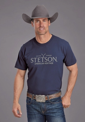 Stetson Mens American Heritage Blue 100% Cotton S/S T-Shirt Casual Comfort Layer UV protection layer