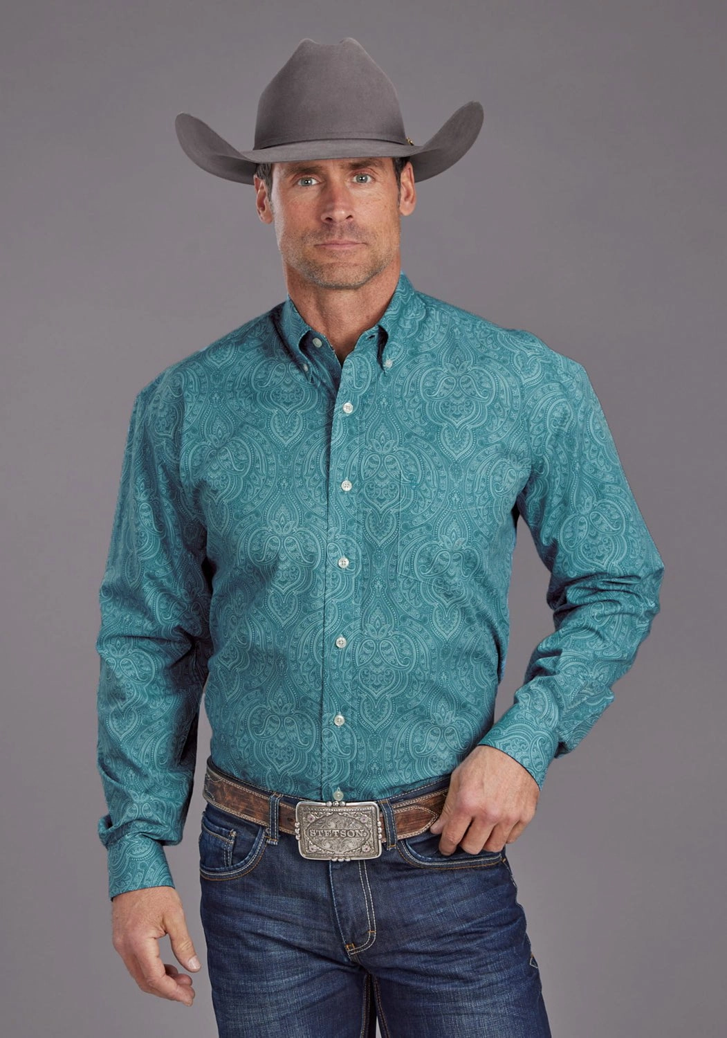 Youthful Vibe Stetson Mens Aquamarine Paisley Blue 100% Cotton 1 Pkt L/S Shirt