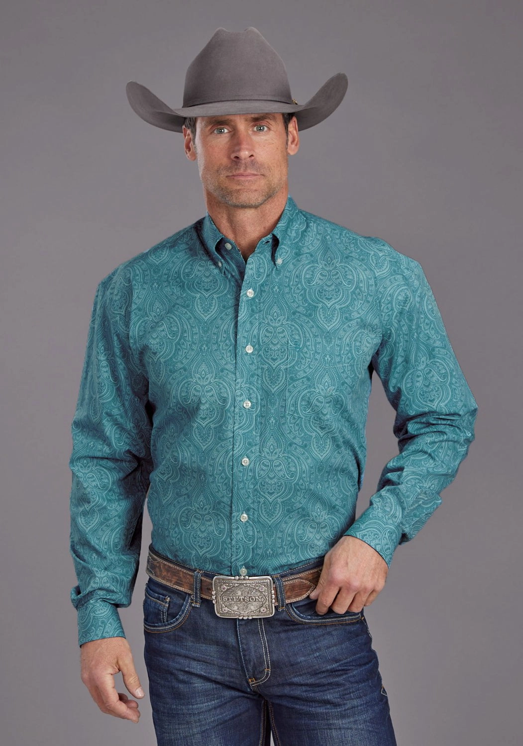 Reinforced Buttonholes Polished Look Stetson Mens Aquamarine Paisley Blue 100% Cotton 1 Pkt L/S Shirt