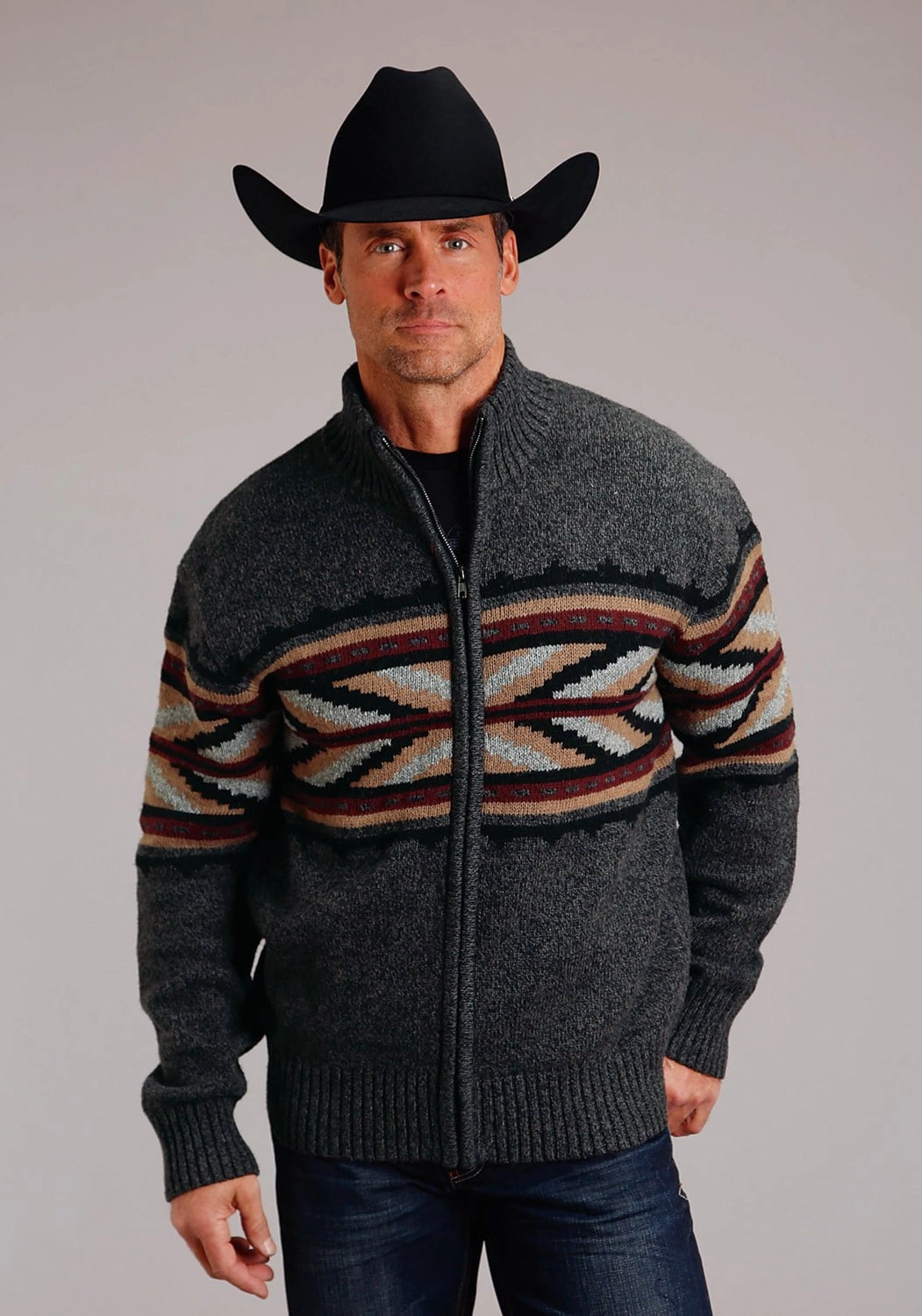 Seasonal Wardrobe Stetson Mens Arrow Border Grey Cotton/Wool L/S Cardigan Sweater