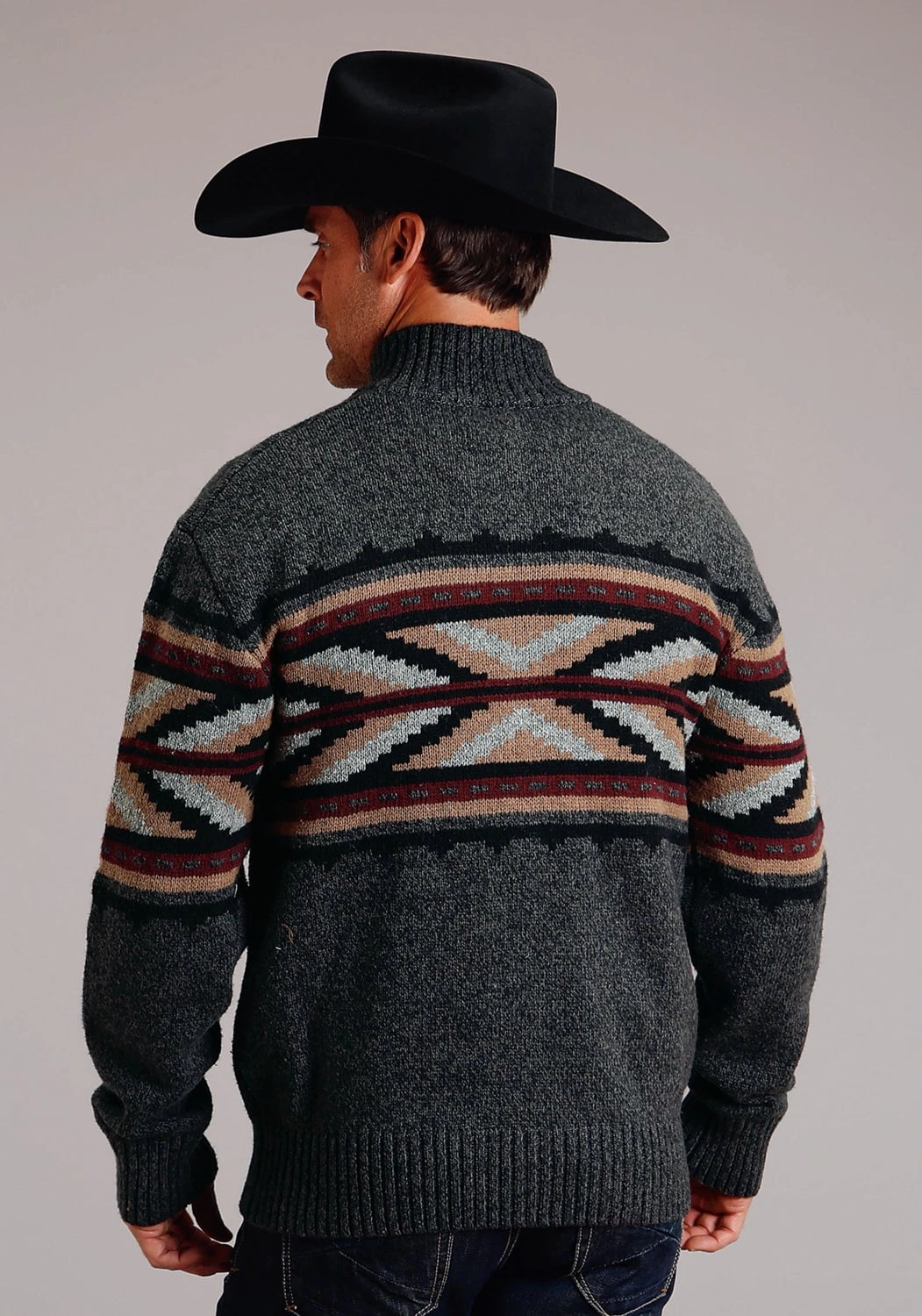 Stetson Mens Arrow Border Grey Cotton/Wool L/S Cardigan Sweater Coffee Run Special Occasion