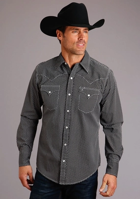 High-End Finish Stetson Mens Black 100% Cotton Diamond Geo L/S Shirt
